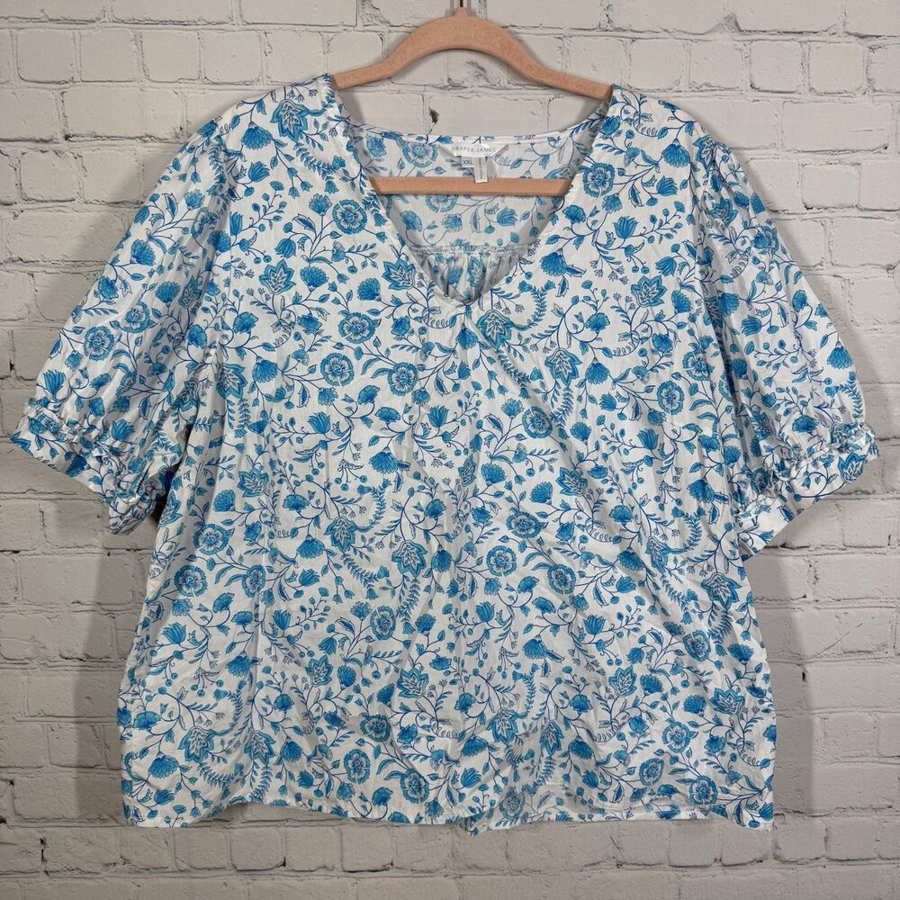 Draper James Blouse Women XXL Floral White Blue Cottage Boho Balloon Sleeve Top